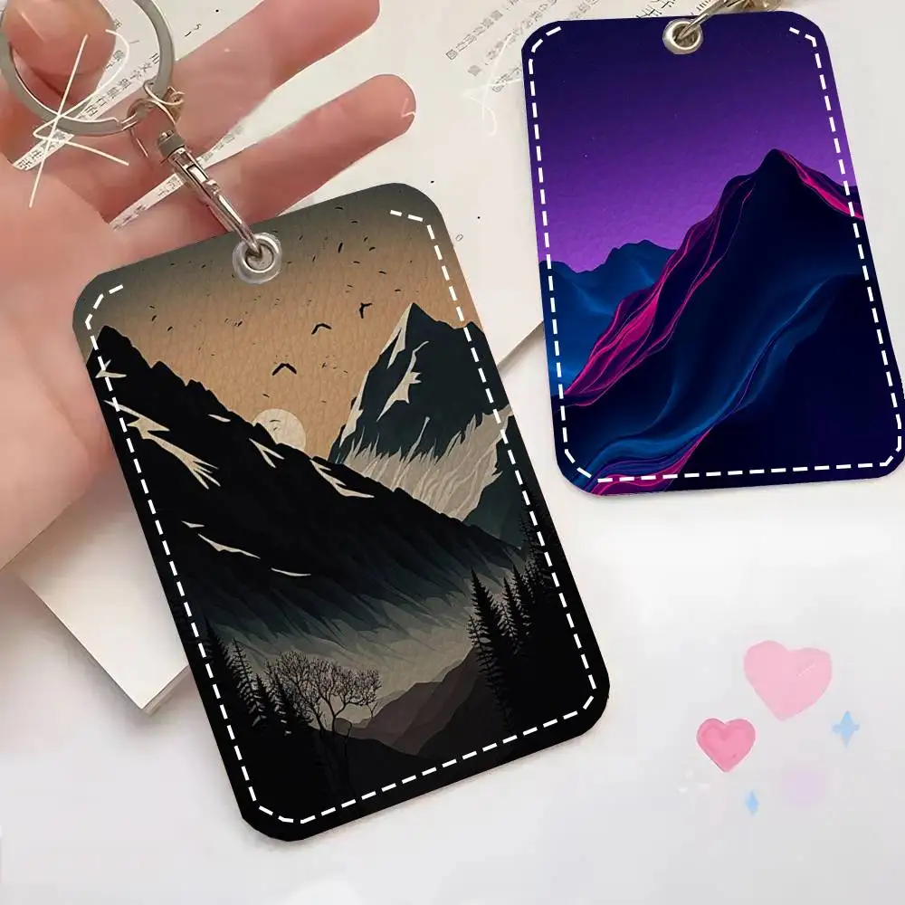 Colorful Snow Mountain Card Case Keychain Access Card Bag Key Tag Ring Leather Card Holder Key Ring Access