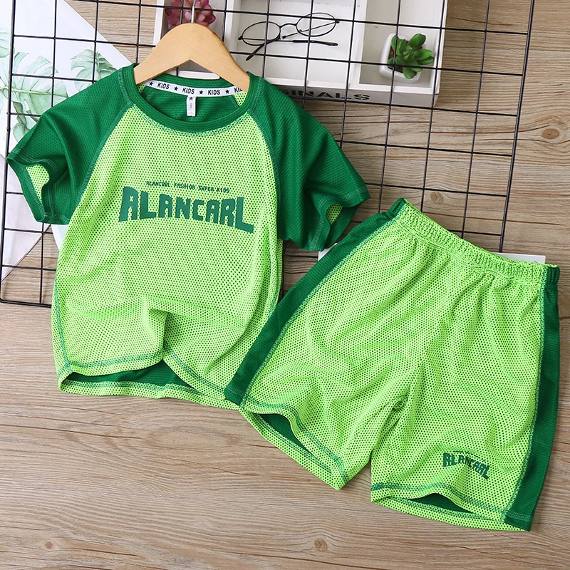 Outdoor Quick-Dry Kids Top Summer T-Shirt + Shorts Contrast Moisture Wicking Baby Boys 2-Pieces Workout Sets 3-14 Years