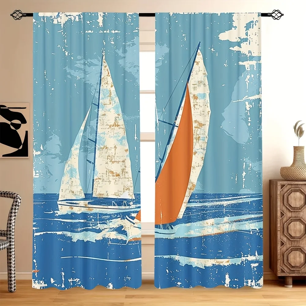 2D Flat, 2pcs 2D Flat Printing Nautical Grunge Style Racing Sailboats In A Windy Ocean Water Print Printed Curtains, Rod Pocket
