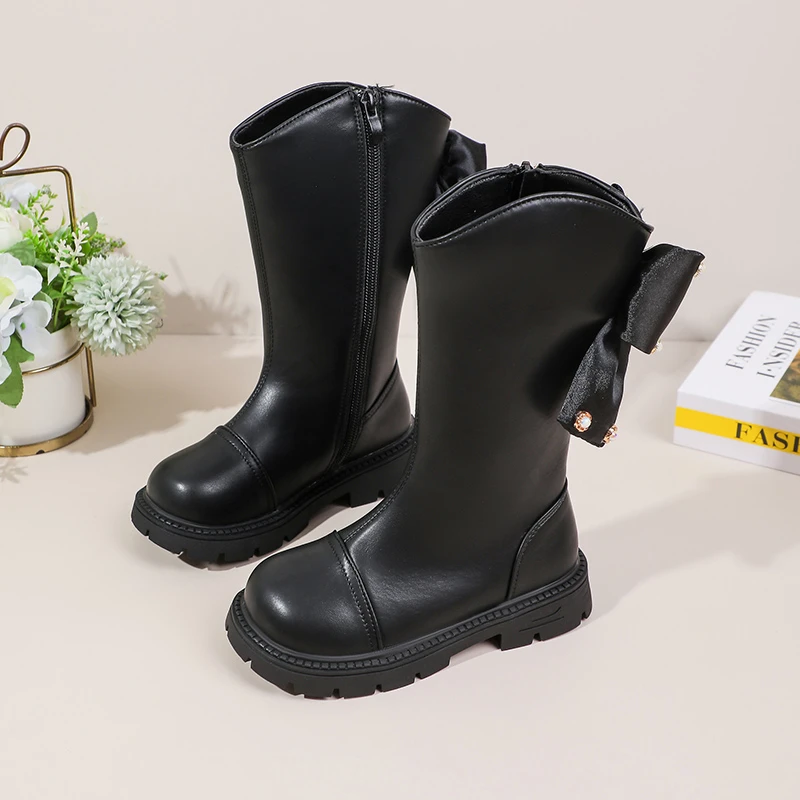 الفتيات أحذية عالية مع عودة Bowknots الاطفال الأحذية الجلدية بلون تنوعا 2025 الخريف الشتاء الأطفال أحذية طويلة لينة وحيد