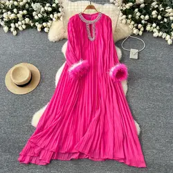 Luxury Pleated Chiffon Maxi Dresses Women's 2025 Spring Summer Crystal Fur Full Sleeve Robe Prom Evening Party Long Dress Lady