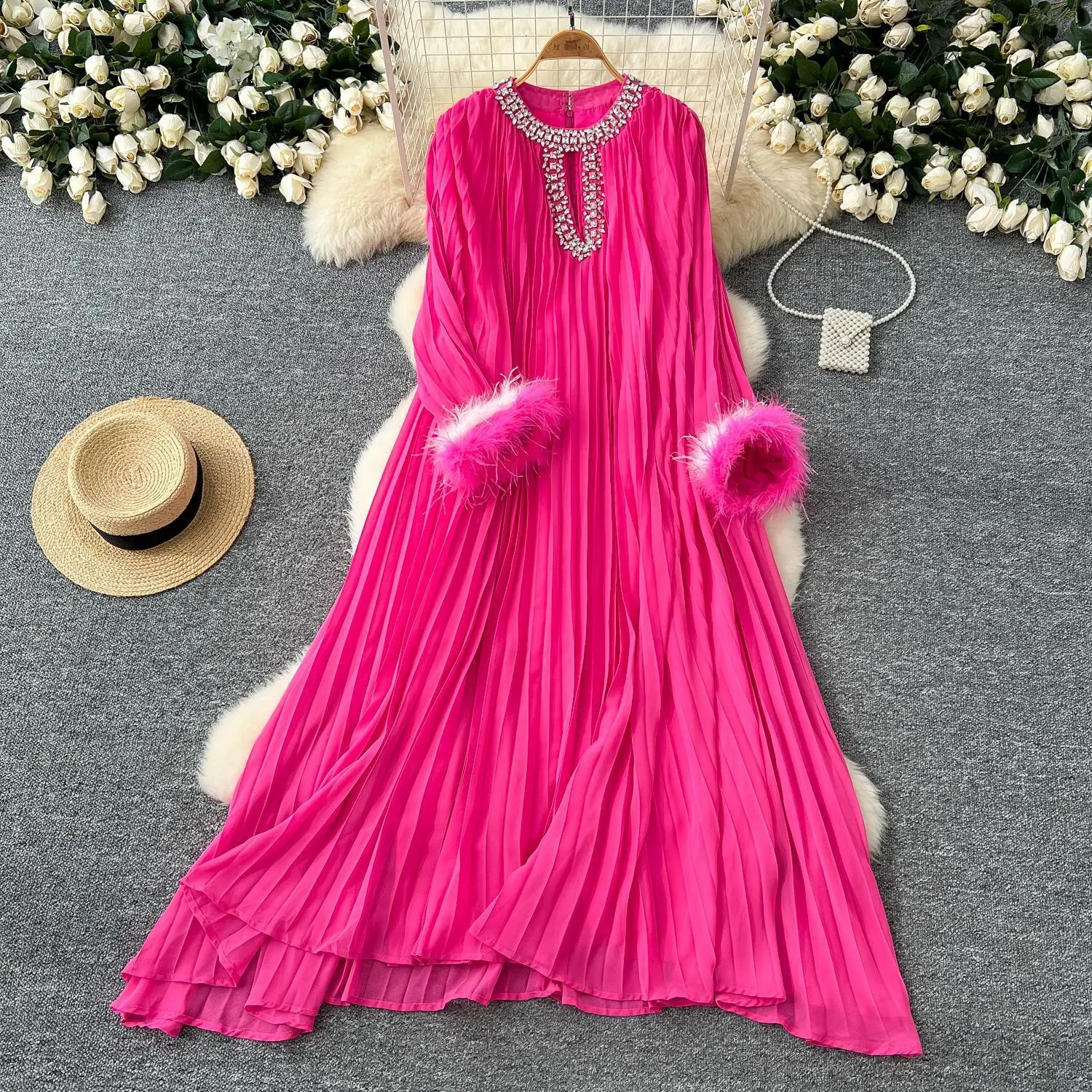 Luxury Pleated Chiffon Maxi Dresses Women's 2025 Spring Summer Crystal Fur Full Sleeve Robe Prom Evening Party Long Dress Lady