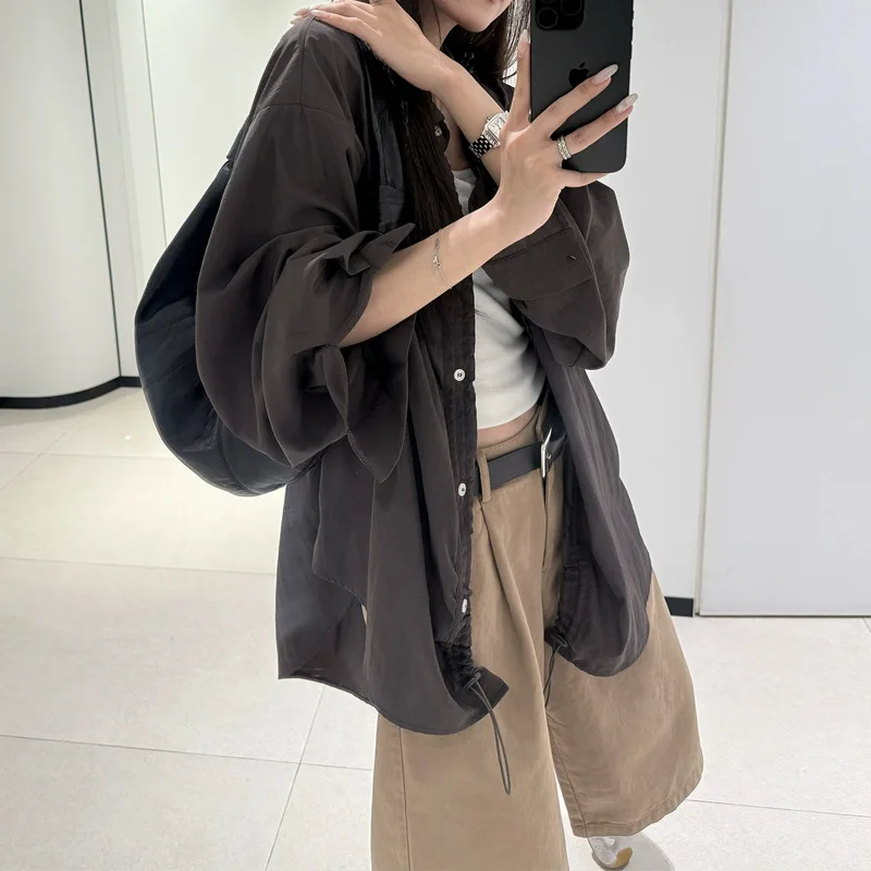

SuperAen Drawstring Design Single Breasted Shirt Korean Style Fashion Loose Women's Autumn New Office Lady Retro Oversize Shirts