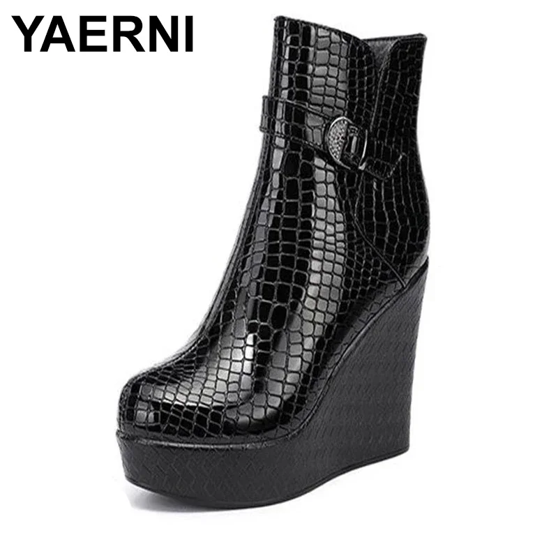 YAERNI New spring Autumn Women Ankle Boots Women wedge platform high heels Boots Solid Lace-up Fashion Ladies shoes Plus size