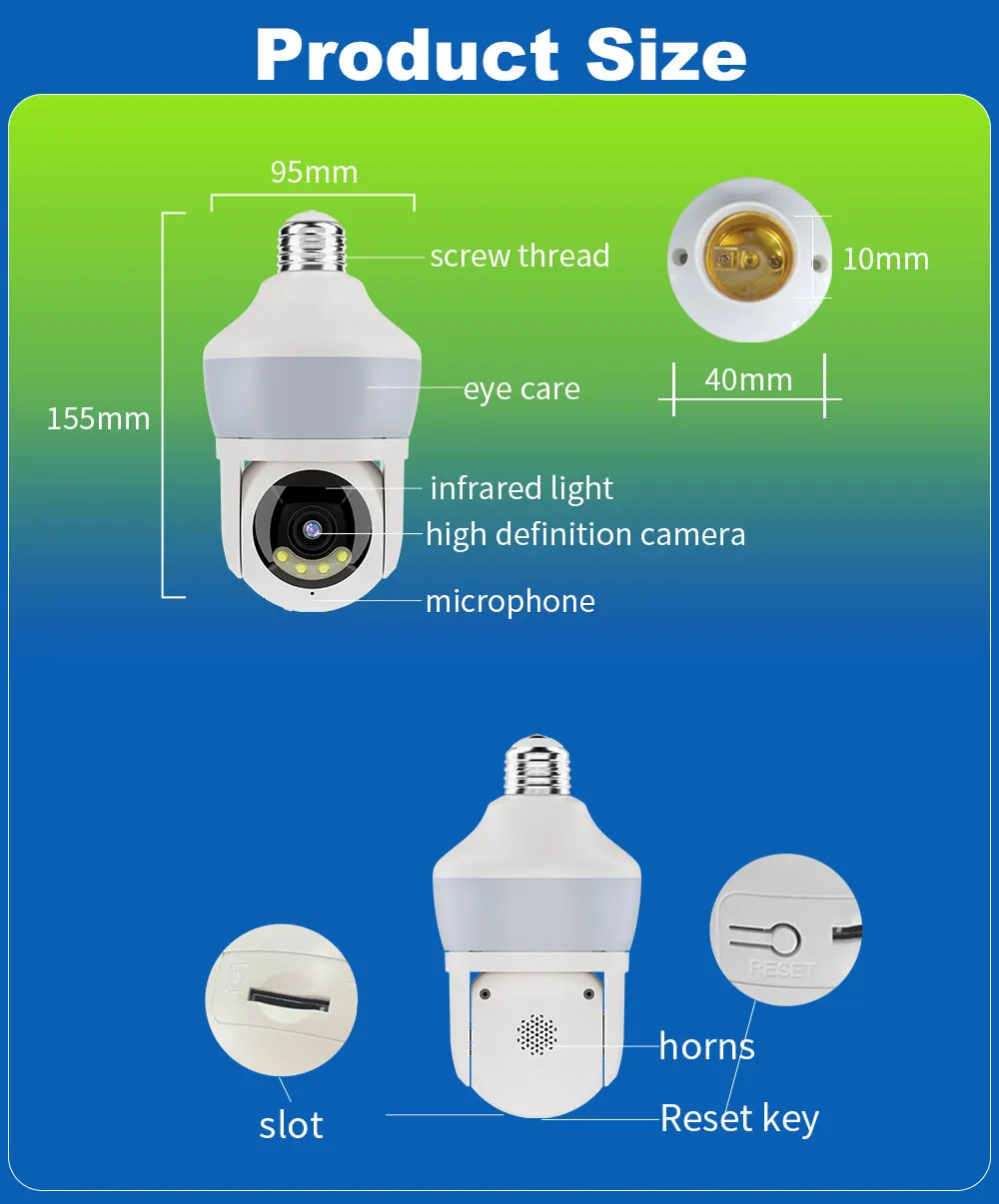 5MP 1944P Carecam APP كامل اللون ليلة مصباح E27 اللاسلكية PTZ IP كاميرا بشكل قبة AI كشف الإنسان المنزل Seucity شاشة CCTV
