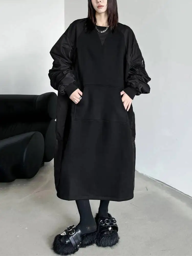 

Женское армейское зеленое толстое платье большого размера с цветными блоками, новое модное платье с круглым вырезом и длинными рукавами, весна-осень