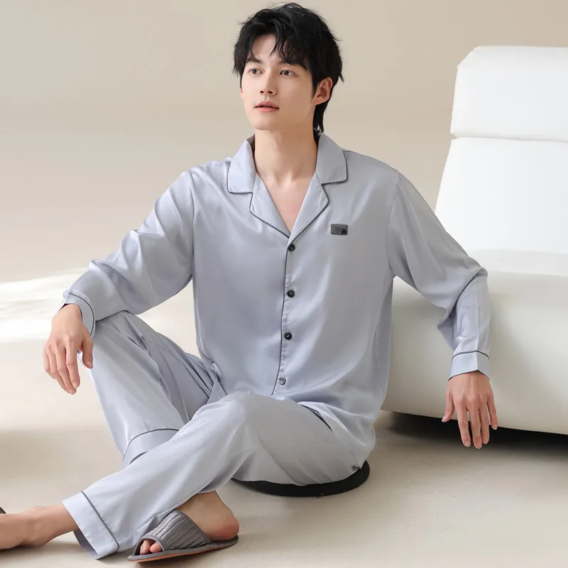 

Ice Silk Men's Spring Long Sleeves Pajamas Set Cardigan Home Clothes 2025 New Fashion Sleepwear Pjs Pijamas Hombre 4XL 3XL 2XL