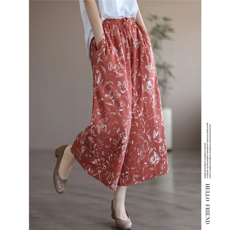 Women Vintage Ethnic Style Print Cotton Elegant Wide Leg Pants 2023 Summer High Waist Loose Cropped Trousers Pantalones De Mujer