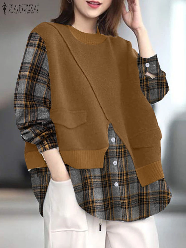 Vintage Plaid Checked Pullover Loose Patchwork Shirt ZANZEA Women Fake Two Pieces Tops Casual Autumn Blouse Spring Streetwear