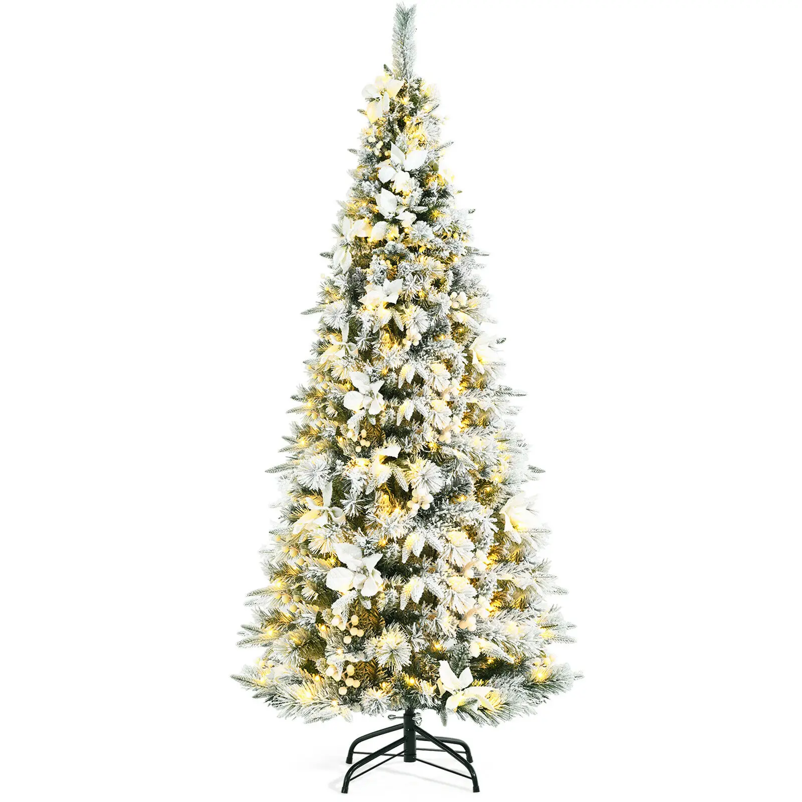 Costway 5/6/7/8ft Pre-lit Snow Flocked Christmas Tree w/ Berries & Poinsettia Flowers