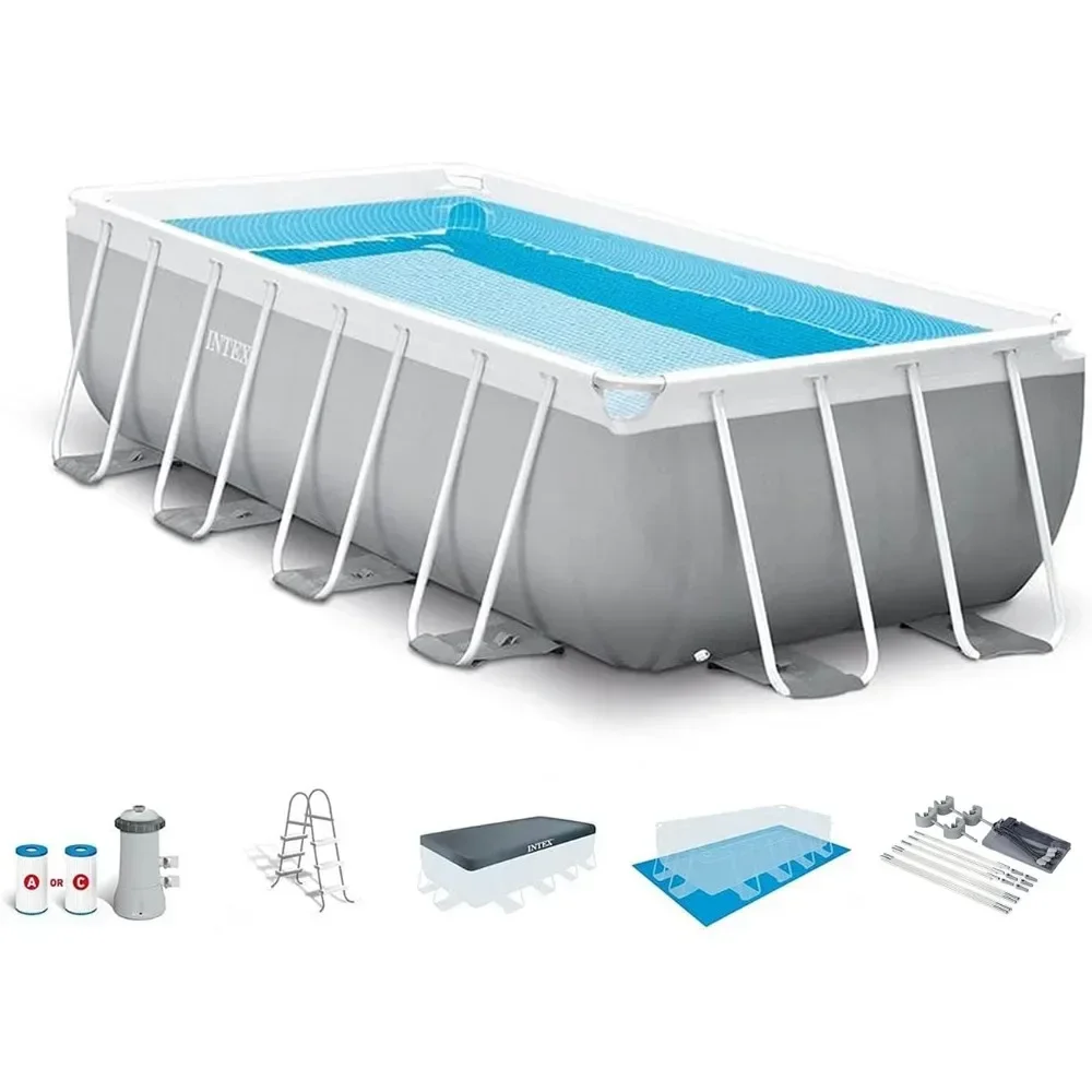 16 Foot By 42 Inches Frame Rectangular Above Ground Swimming Pool Set with Filter Pump, Ladder, Ground Cloth, Protective Canopy