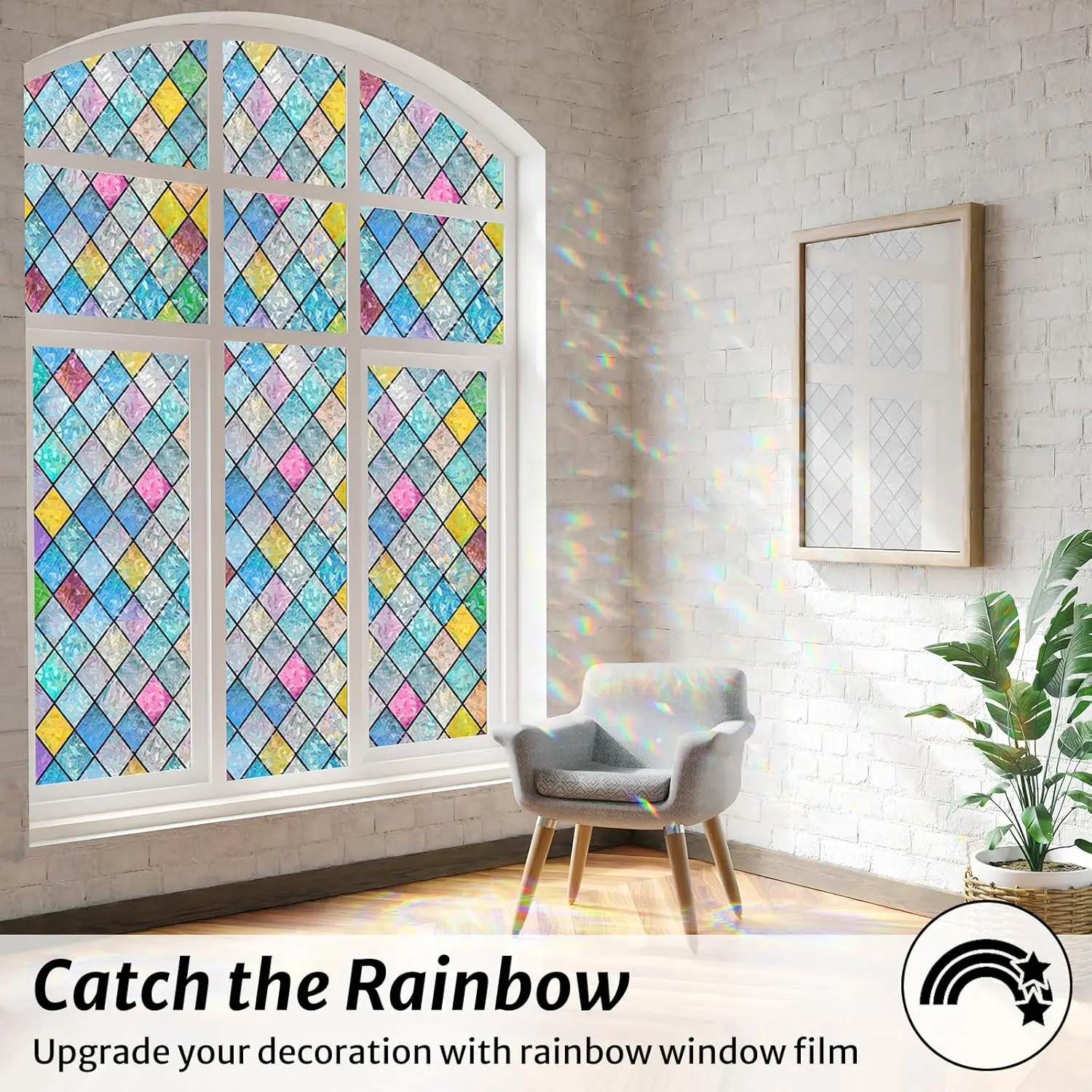 Stained Glass Window Film Rainbow Film Decorative 3D Privacy Sticker Colorful Lattice Window Decals Cling,Static Decals for Home