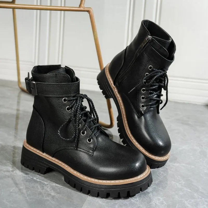 Round Toe Thi Heel Boots Women's High Heel Waterproof Platform Ort Boots Small Size Retro White Soft Leather Boots Plus Size 43