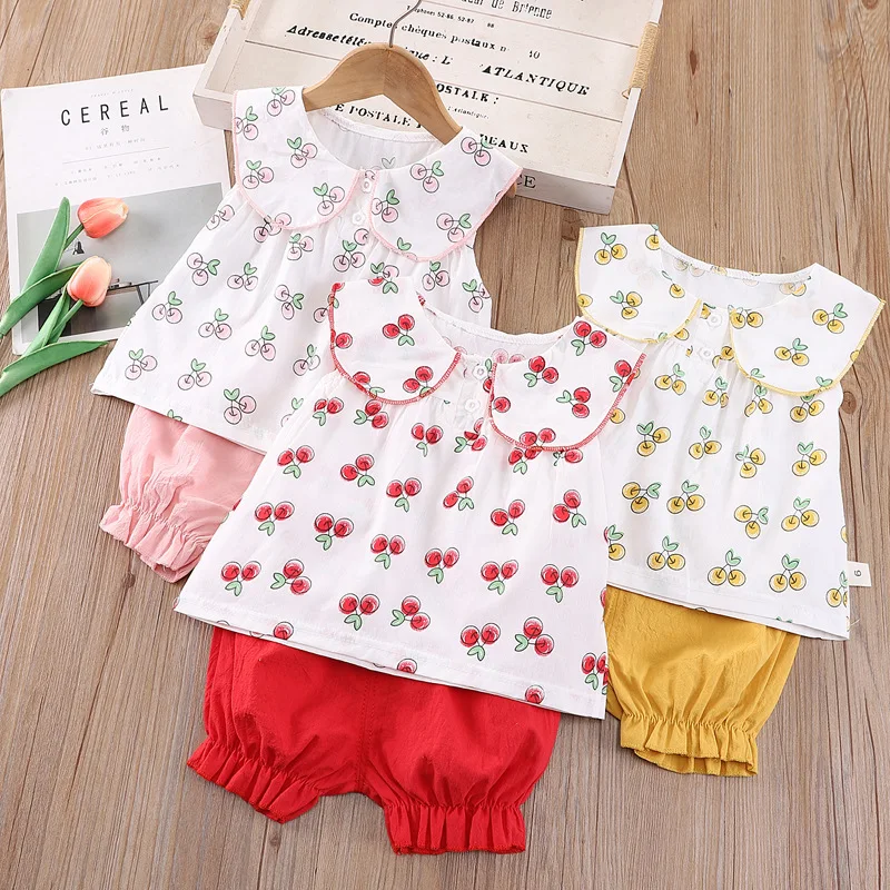 

Girls vest set summer new style leisure children baby full print cherry vest two sets