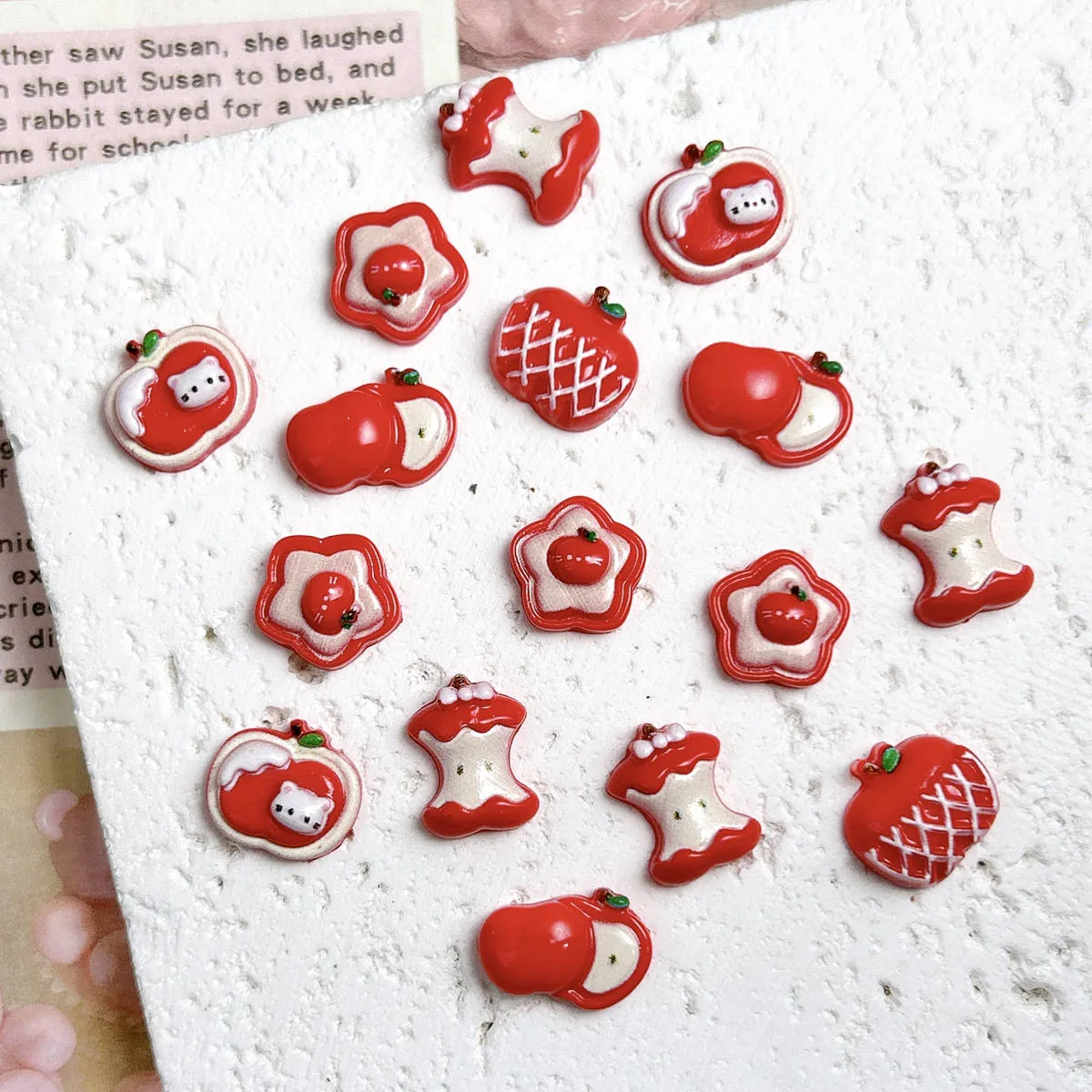 

20PCS Cartoon Adorable Apple Cat Resin Nail Charms Unique Luminous Star Big Red Apple Nail Art Decorations DIY Hair Clip Nails