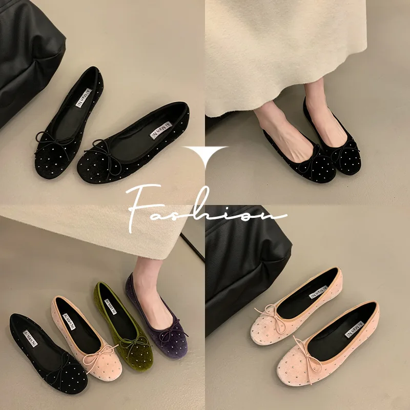 

2026 Spring Autumn Black Suede Pearl Bow Flat Shoes Polka Dot Slip On Loafers Casual Daily Footwear
