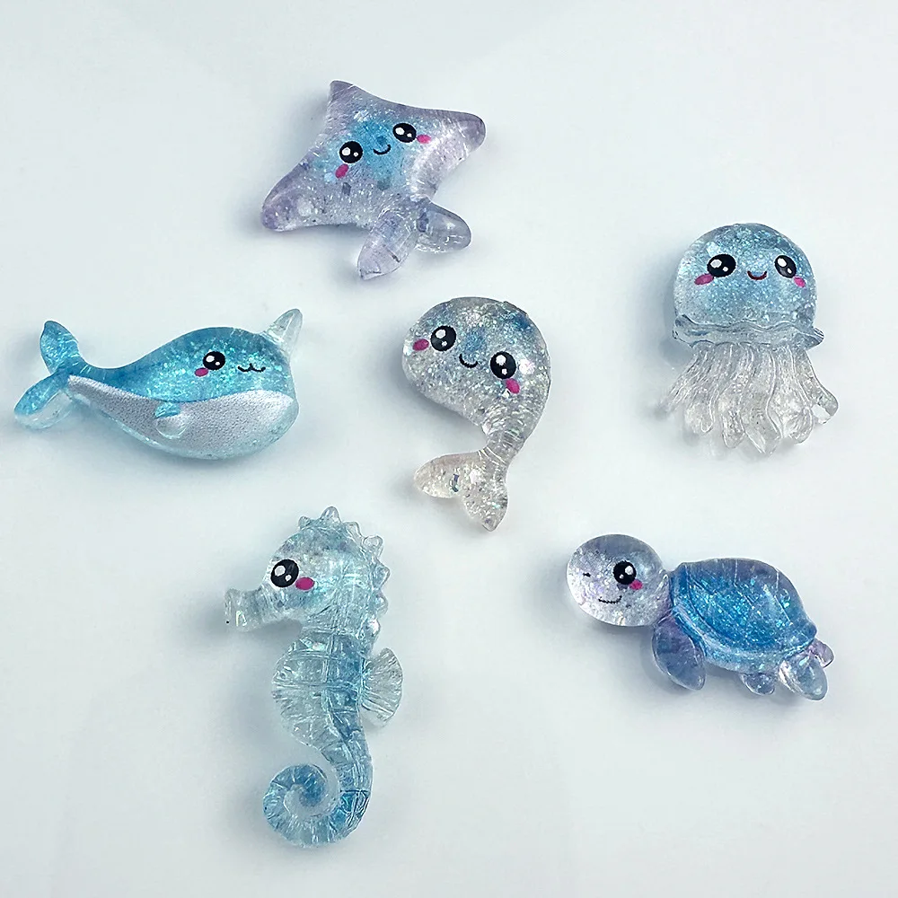 100PCS Cartoon Blue Ocean Animal Sparkling Mix Resin DIY Phone Case Patch Decoration Accessories Materials Crafts