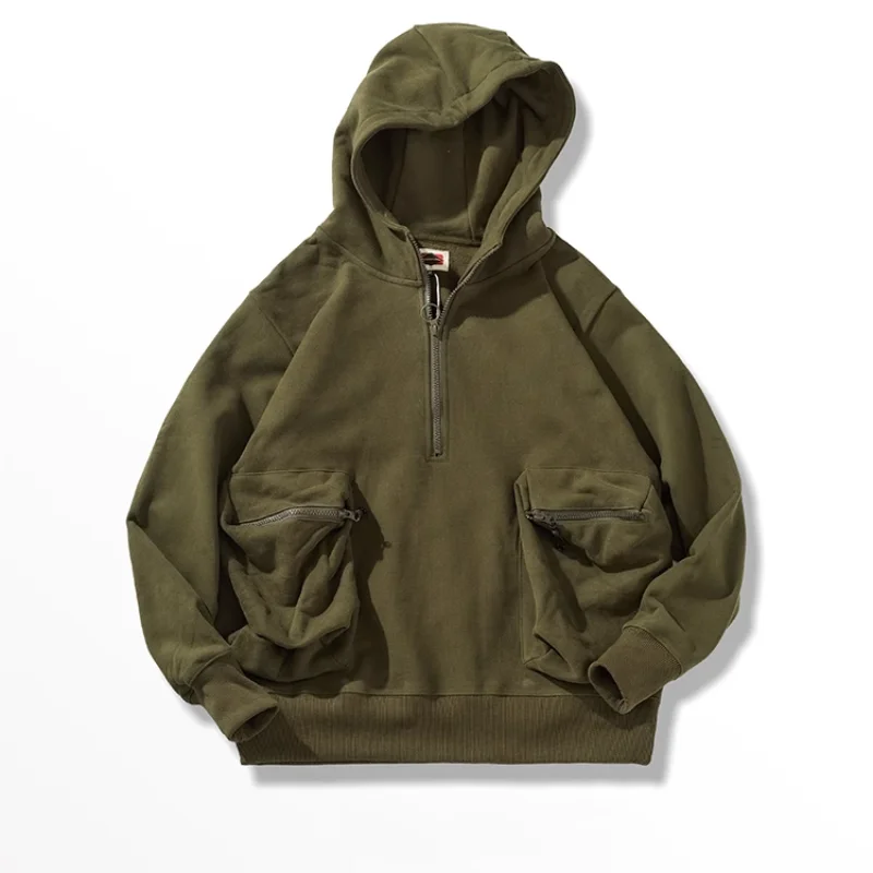 Heavy Duty Hooded Sweatshirt for Men, Autumn Winter New Workwear with Half-Zip Collar