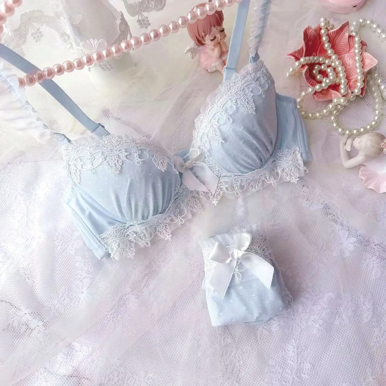 Japanese Lolita Cute Sexy Lingerie Bra Set Water Soluble Embroidery Thin Cup Women