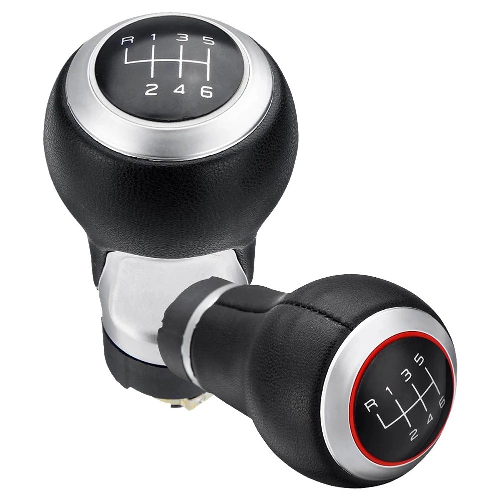 6 Speed PU Leather Car Gear Knob Shift For-Audi A3 A4 B6 B7 A6 S4 B8 A5 8T Q5 8R Skoda Seat - Silver & Red