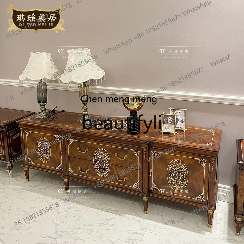 English Classical Art Marquetry TV Cabinet Mahogany Living Room Low Cabinet Villa Floor Cabinet