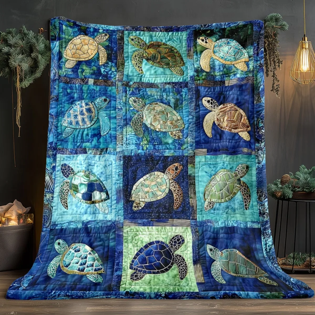 Sea Turtle Throw Blanket Ocean Patchwork Grid Pattern Fleece Blankets Marine Animal Print Sofa Nap Cover Cozy Bedding
