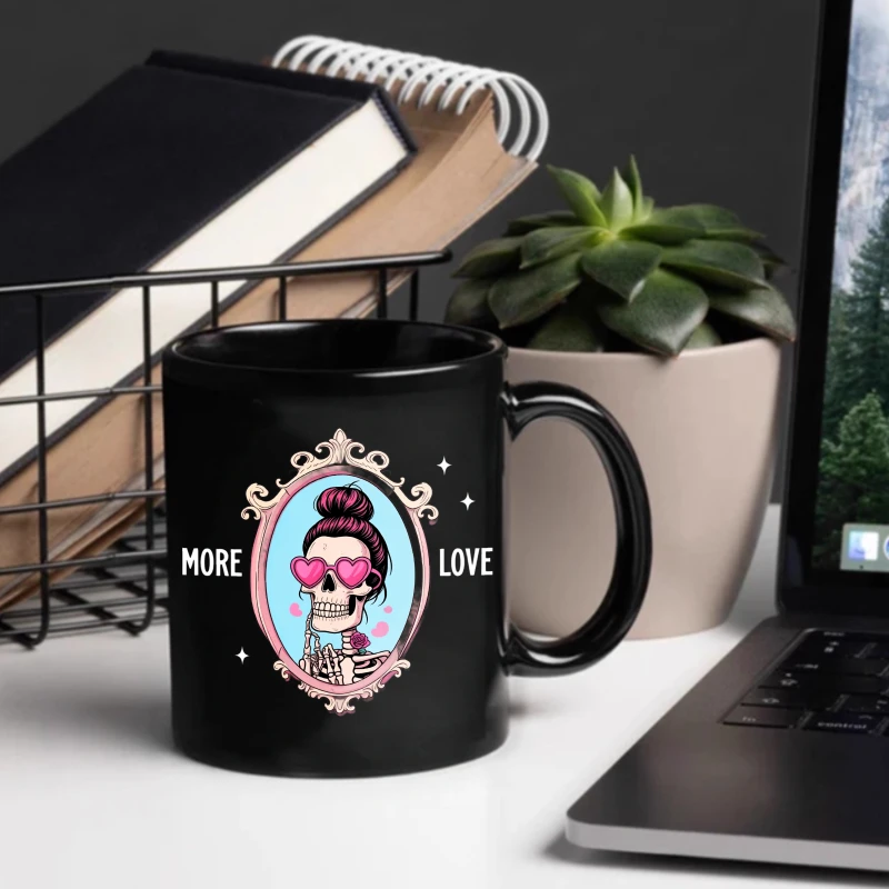 Black ceramic mug with skull and heart-shaped glasses design with 