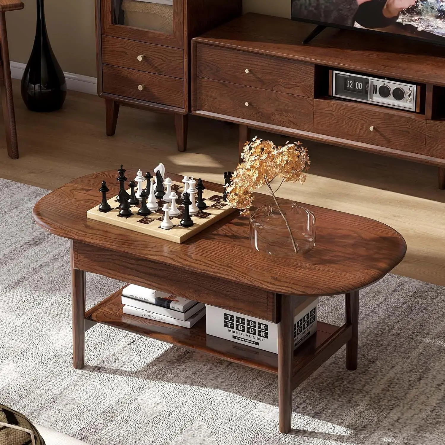 

100% Solid Oak Wood Coffee Table For Living Room, 2-Tier Mid Century Modern Living Room Table With 2 Drawers & Open, Customized