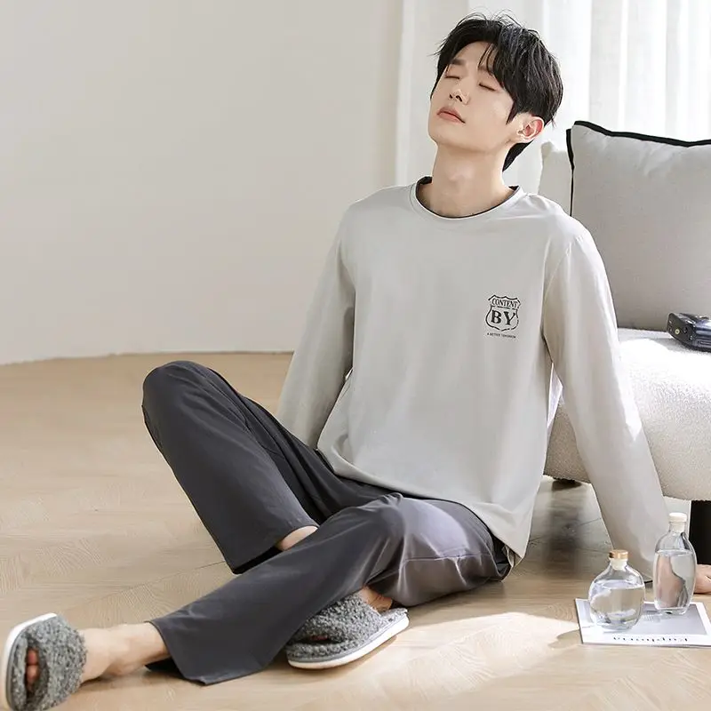 أطقم بيجامات قطنية 100% بأكمام طويلة لخريف 2025 للرجال ملابس نوم كورية فضفاضة عالية الجودة ملابس منزلية للرجال ملابس منزلية #3