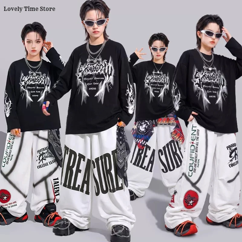 Boys K-pop Graffiti Sweatshirt Letters Pants Girls Hip Hop Streetwear Children Street Dance Costume Kids Jazz Stage Clothes Sets