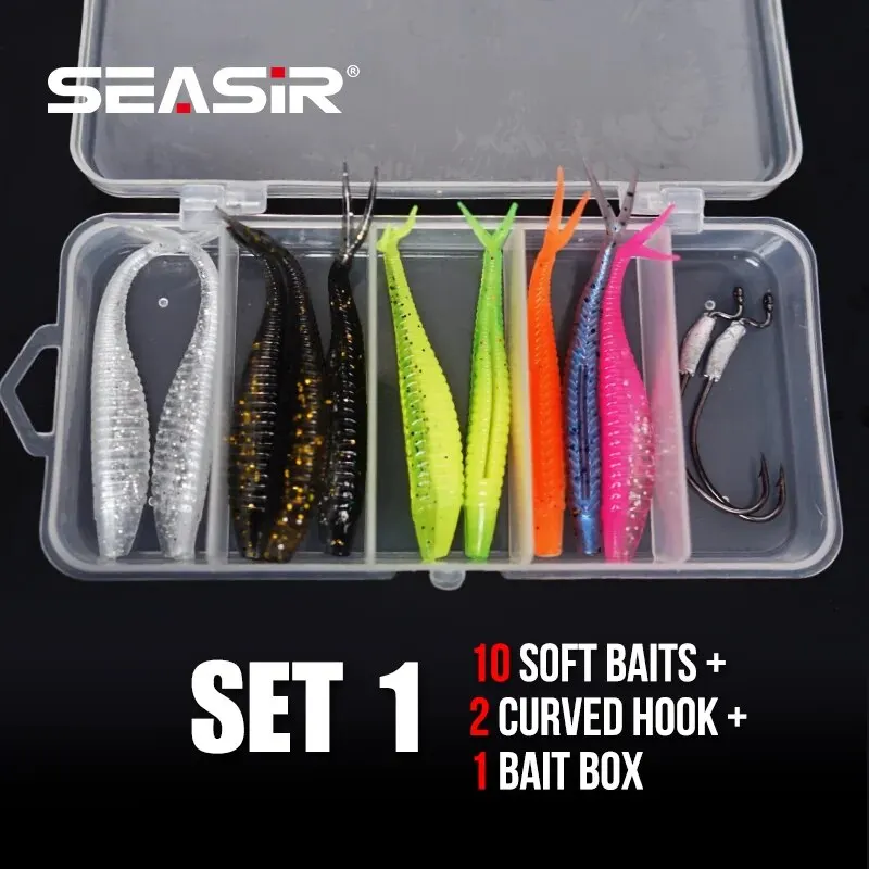 SEASIR 12pcs Soft Bait Lure Set 10PCS Soft Bait 2 Curved Hooks 8 Colors 1.8G 7CM Free Bait Box Fishing Lure Set