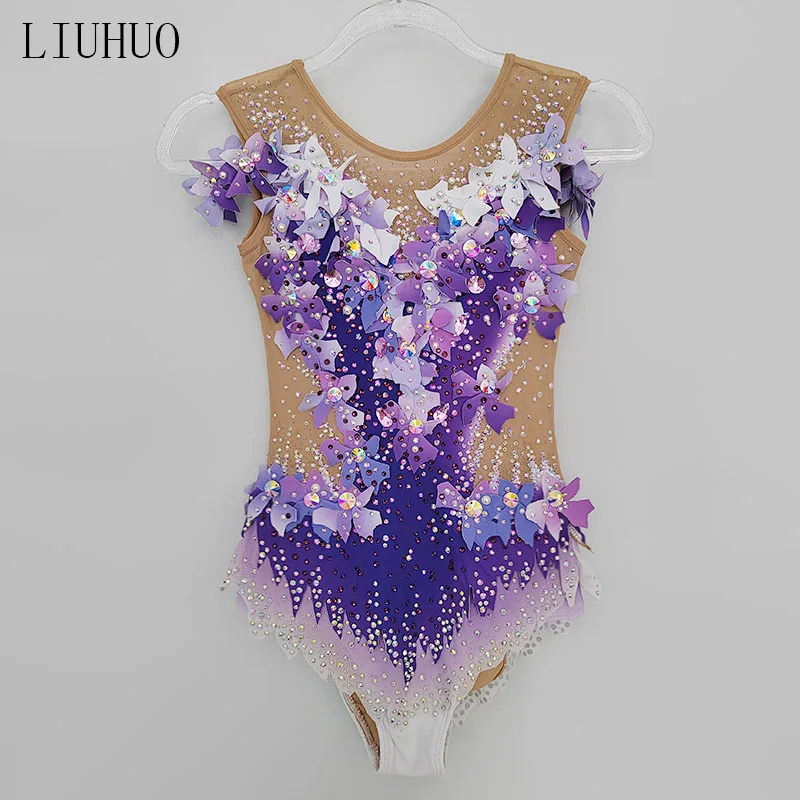 리듬체조 레오타드 보라색 모조 꽃 다이아몬드 진주 소녀 대회 공연 BD1665