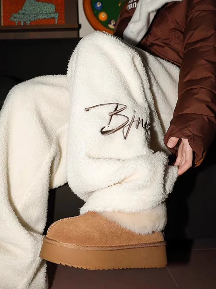 

Мужские прямые брюки из овечьей шерсти 420 г с толстой вышивкой, повседневный спортивный базовый стиль на осень-зиму