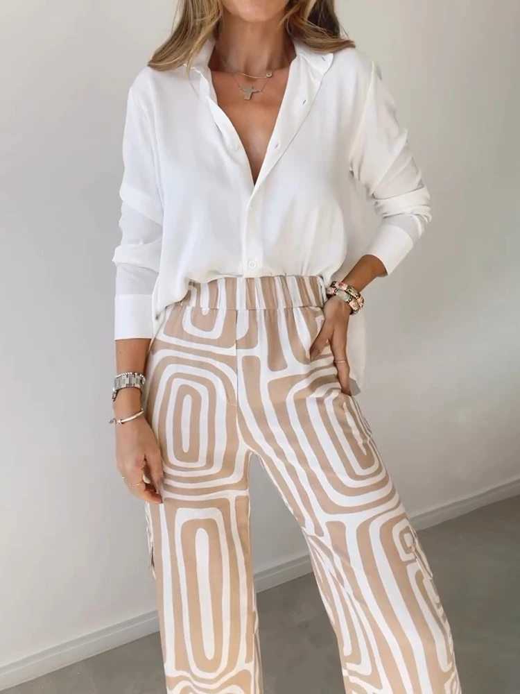 Fashion Vintage Vacation Suits Female Clothing Casual Suit Women Digital Print Fashion White Shirt Loose Trousers Two-piece Set