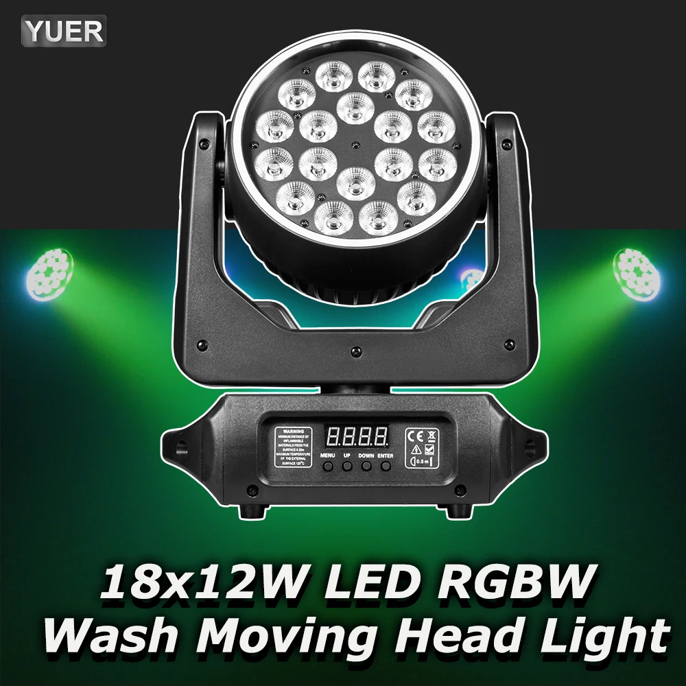 

YUER 18x12W LED RGBW Wash Beam Moving Head Light With LED Ring DMX512 Stage Effect Lighting for DJ DISCO Bar Nightclub