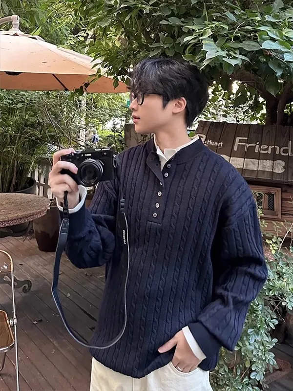 

Autumn Winter Mens Knitted Sweater f Button Ne Design Simple Couple Pure Color Twist Knitwear Casual Youth Faion Sle