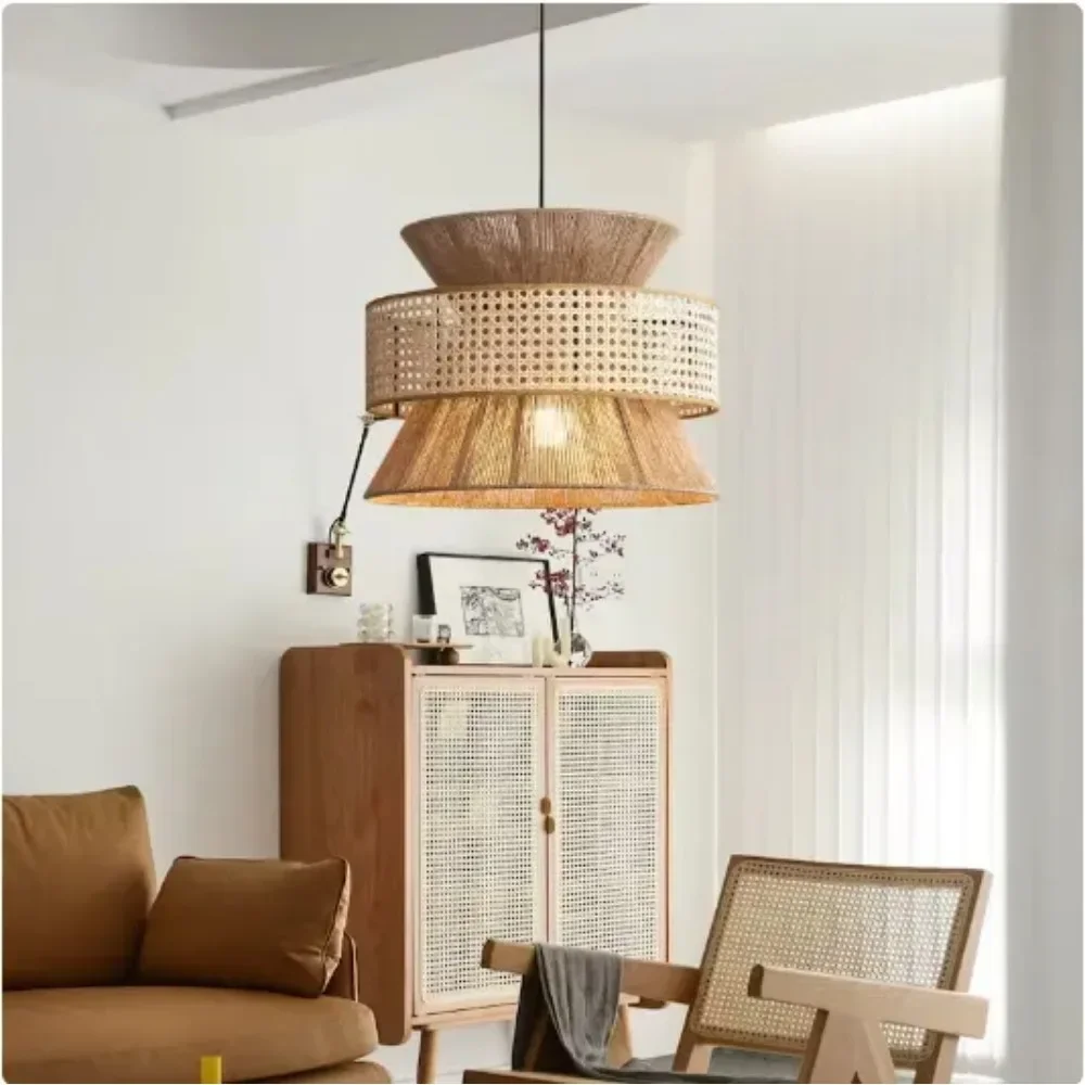 

50cm Handmade Retro Wicker Pendant Light Classic Vine Chandelier Lamps Hanging Light for Study Tearoom Kitchen Island Balcony