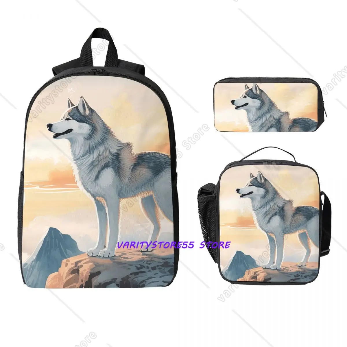 

Siberian Husky In The Mountains Backpack Student Boys Girls BookBag School Bag Shoulder Bags 3ps Insulated Lunch Bag Pencil Case