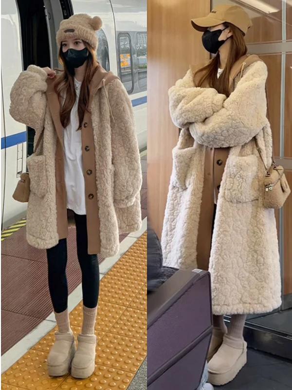 

Женская осенне-зимняя теплая куртка из овчины средней длины с капюшоном, утепленная, из кожи и меха, с хлопковой подкладкой