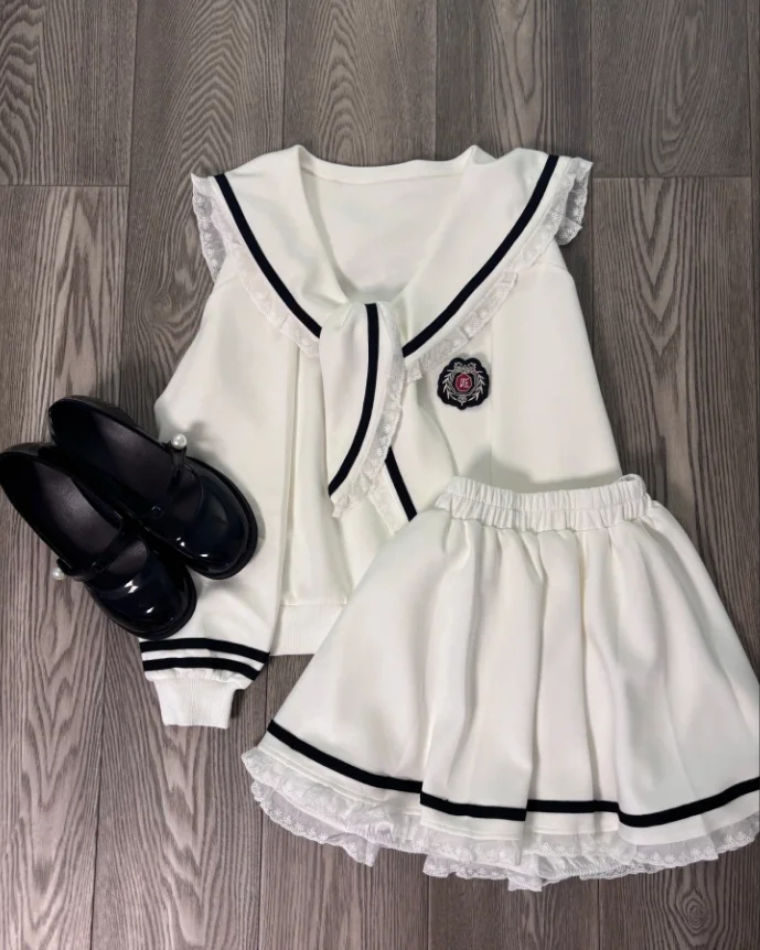 Branco doce menina jk uniforme terno estilo universitário gola marinha manga longa topo e cintura alta saia curta inchada conjunto de duas peças