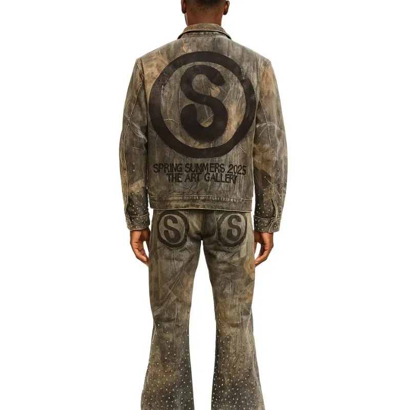 

Новая осенняя винтажная джинсовая куртка с шипами, мужская и женская одежда, мешковатое пальто с надписью в стиле пэчворк и вышивкой, графическое число