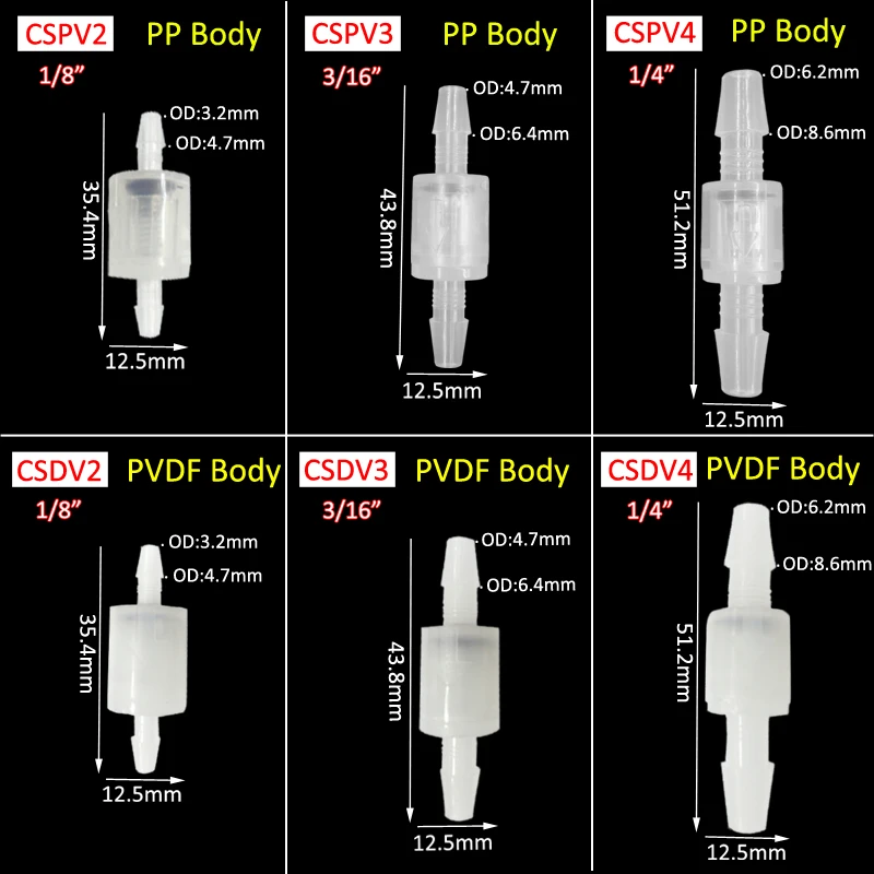 1/4 3/16 1/8 Hose barbed PP check valve plastic non-return PVDF One way valve Spring ball valve low opening pressure relief