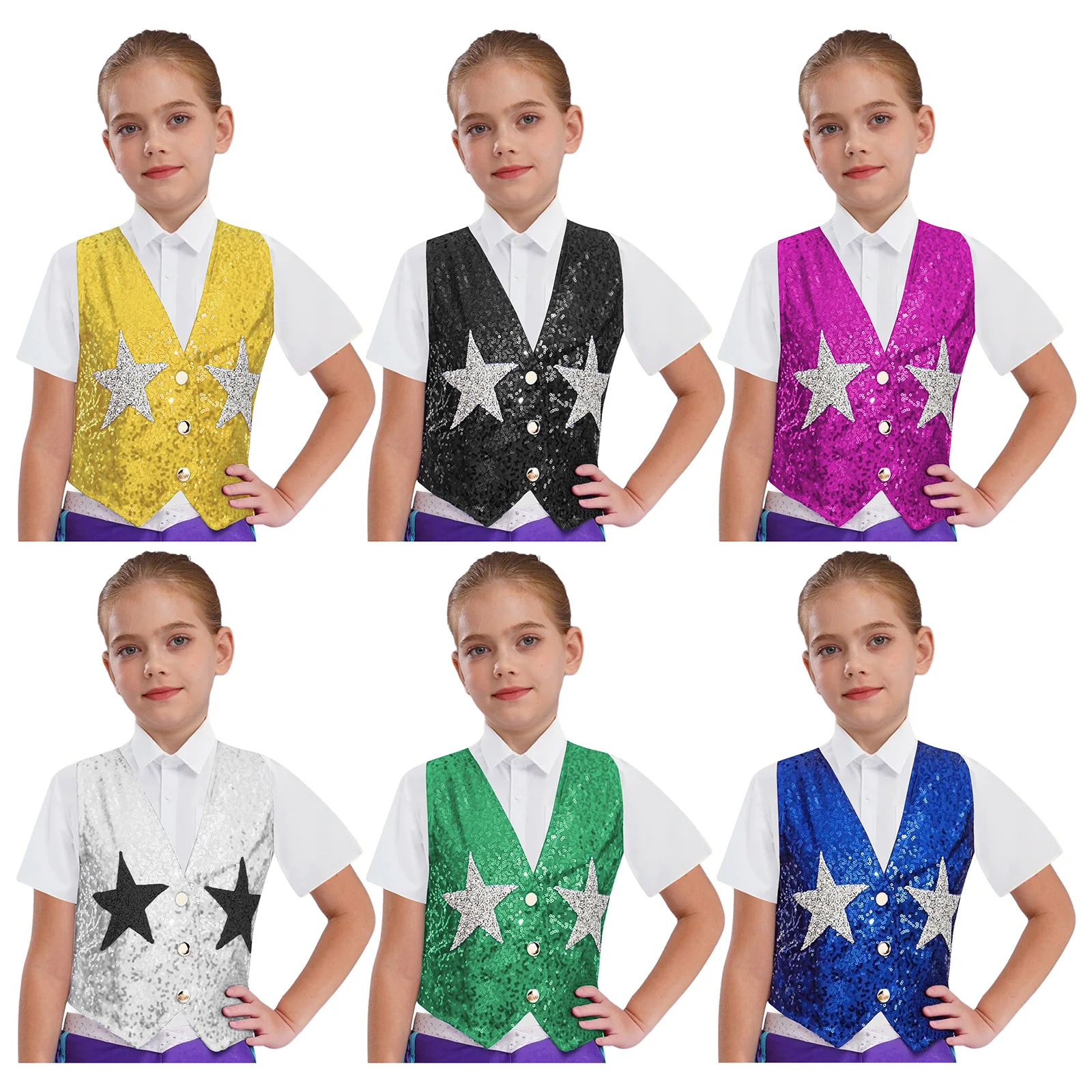 Cowboy Cowgirl Costume for Boys Girls Halloween Cosplay Roleplay Sleeveless Vest Sparkle Sequins Stars V Neck Buttons Waistcoat