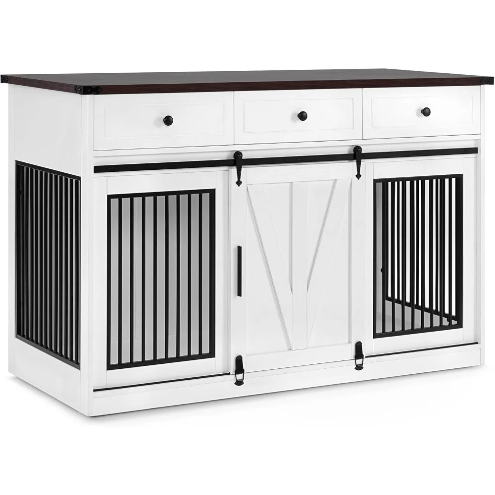 

Masterpiece Dog Crate Furniture, Wooden Large Dog Kennel With Barn Door And 3 Drawers, 55.1 Inches Length Pet Crate Ind