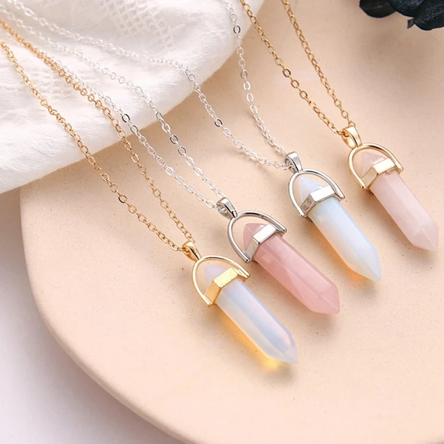 Hexagonal Column Quartz Necklaces Pendants Fashion Natural Stone Bullet Pink Crystal Pendant Necklace For Women Jewelry AliExpress