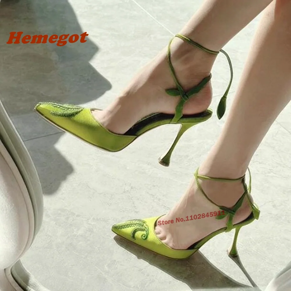 Décolleté in raso verde ricamato con lacci e punta a punta tacchi a spillo sandali da donna estate Solid Slingback scarpe da festa di lusso Sexy