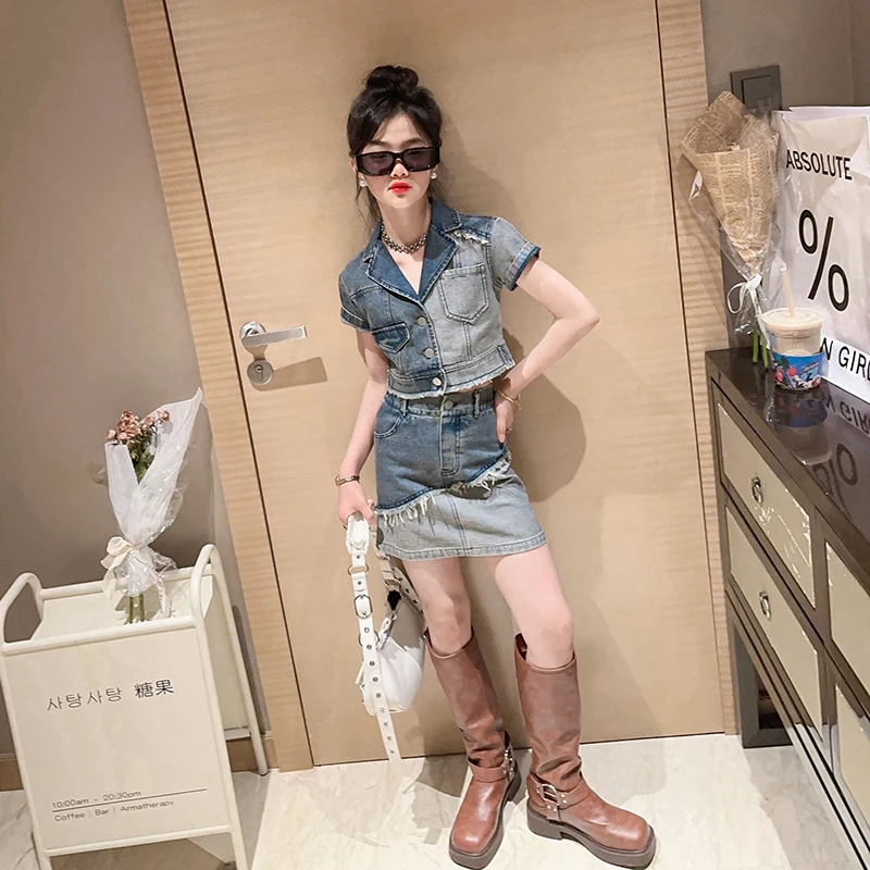 

New Children's Cowboy Set 2024 Summer Girls' Cowboy Shirt Collar Short Sleeve+Tassel Fashion Short Skirt 2pcs Set Street Style