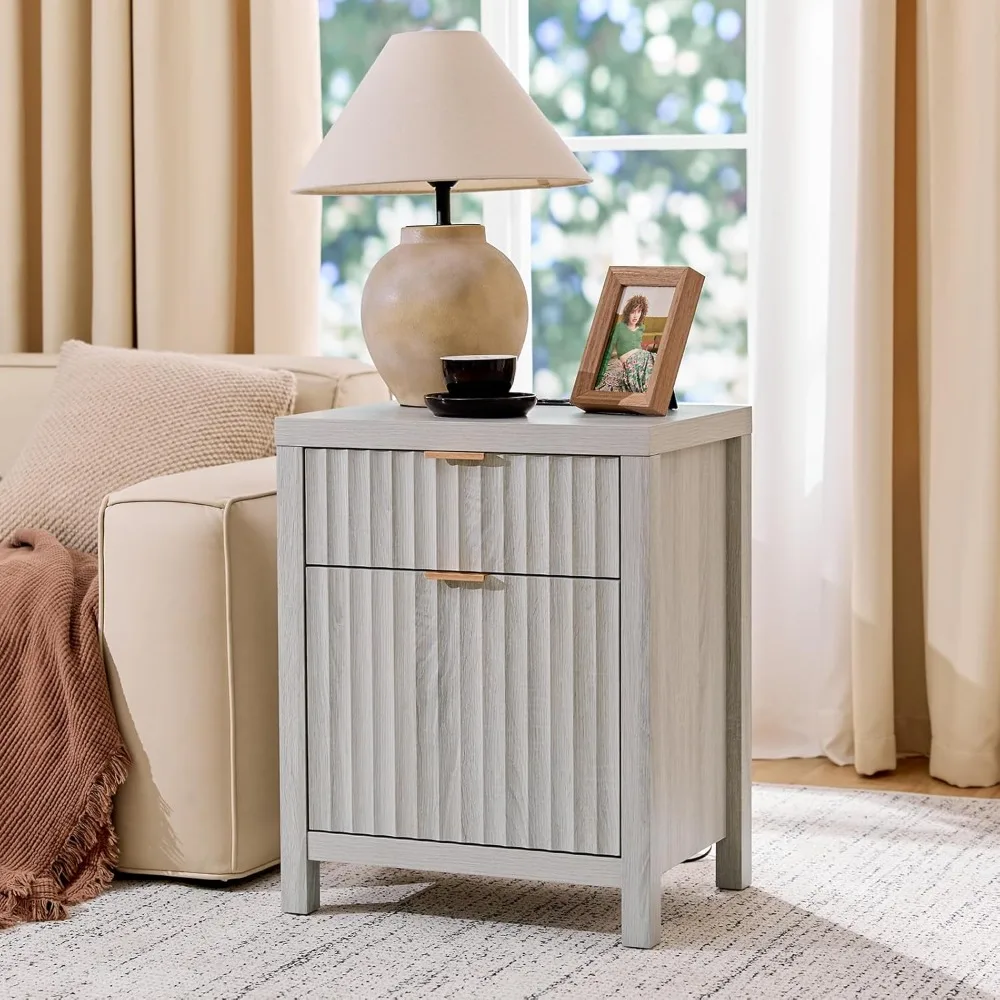 زوج من طاولات الليل الحديثة المخددة مع محطات الشحن والأدراج المزدوجة