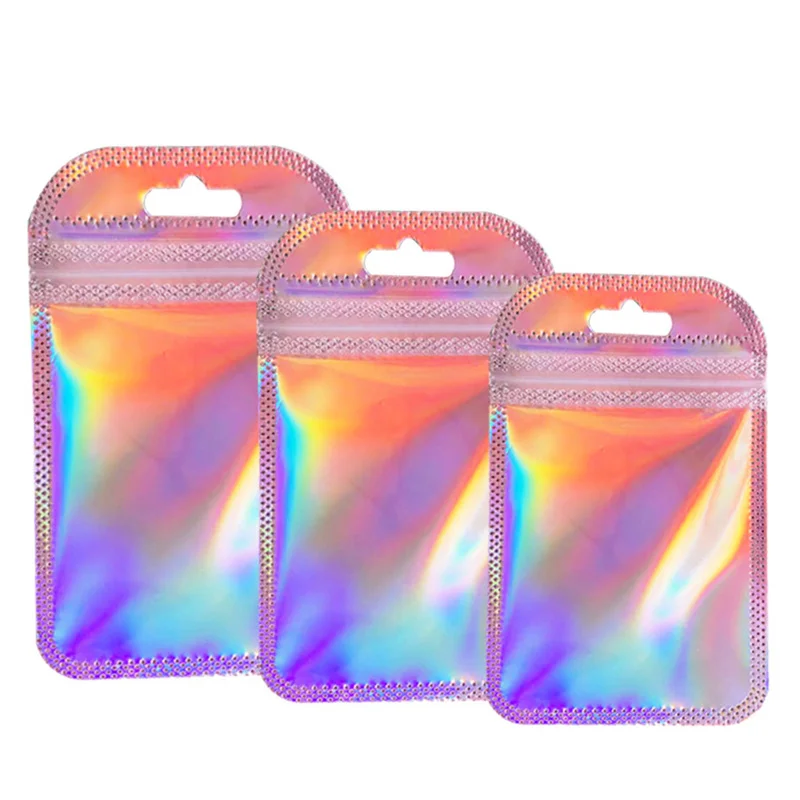 50pcs Pink Holographic Ziplock Bead Bag Small Plastic Storage Pouch For Jewelry Display Packaging Business Organizer Wholesale