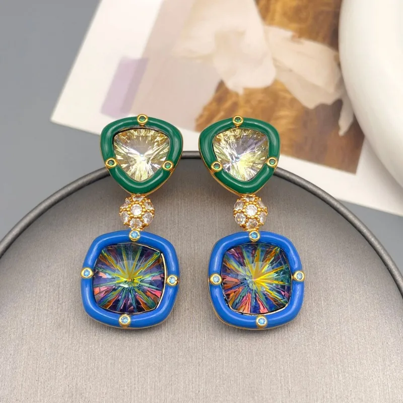 

Handpainted Retro Exaggerated and Colorful Clear Glass Oil Painting Enamel Glaze Inlaid with Zirconium Statement Dangle Earrings